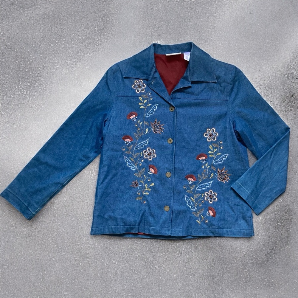 Alfred Dunner Embroidered Floral Blue Denim Jacket